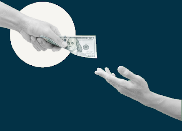 a person handing another person a 100 dollar bill | be GOD